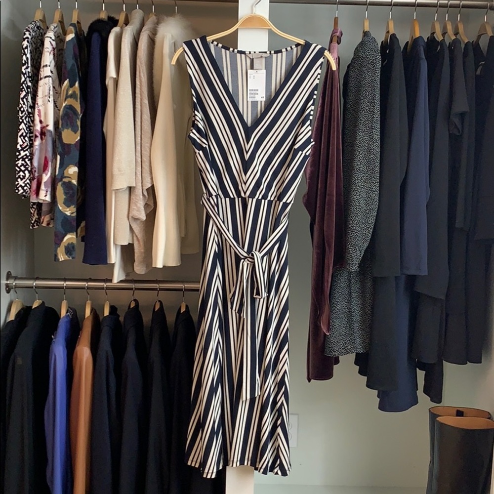 H&M Black & White Stripe Dress with Belt SZ M